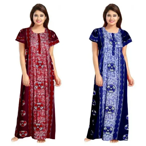 PMK FASHION 100% Cotton Nighty for Women || Long Length Printed Nighty/Maxi/Night Gown/Night Dress/Nightwear Inner & Sleepwear for Women's (Combo Pack of 2)