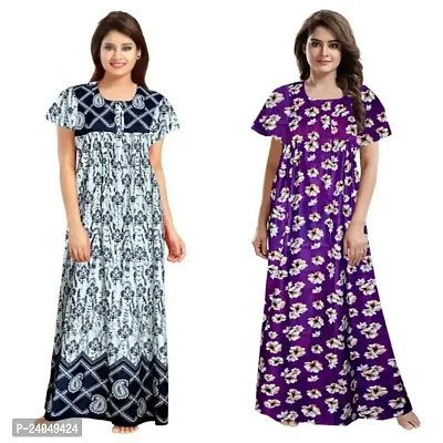 PMK FASHION 100% Cotton Nighty for Women || Long Length Printed Nighty/Maxi/Night Gown/Night Dress/Nightwear Inner  Sleepwear for Women's (Combo Pack of 2)-thumb0