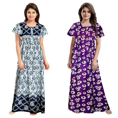 PMK FASHION 100% Cotton Nighty for Women || Long Length Printed Nighty/Maxi/Night Gown/Night Dress/Nightwear Inner & Sleepwear for Women's (Combo Pack of 2)