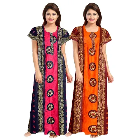 PMK FASHION 100% Cotton Nighty for Women || Long Length Printed Nighty/Maxi/Night Gown/Night Dress/Nightwear Inner & Sleepwear for Women's (Combo Pack of 2)