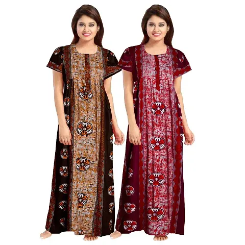 PMK FASHION 100% Cotton Nighty for Women || Long Length Printed Nighty/Maxi/Night Gown/Night Dress/Nightwear Inner & Sleepwear for Women's (Combo Pack of 2)