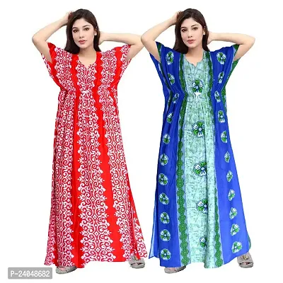 PMK FASHION 100% Cotton Kaftan for Women || Long Length Printed Nighty/Kaftan/Maxi/Night Gown/Night Dress/Nightwear Inner  Sleepwear for Women's (Combo Pack of 2)