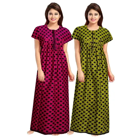 PMK FASHION 100% Cotton Nighty for Women || Long Length Printed Nighty/Maxi/Night Gown/Night Dress/Nightwear Inner & Sleepwear for Women's (Combo Pack of 2)