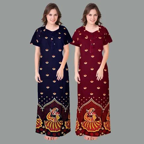 Stylish Cotton Jaipuri Print Nighty/Nightdress For Women Pack Of 2