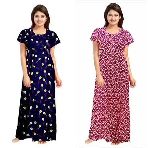 PMK FASHION 100% Cotton Kaftan || Long Length Printed Nighty/Kaftan/Maxi/Night Gown/Night Dress/Nightwear Inner & Sleepwear for Women's (Combo Pack of 2)