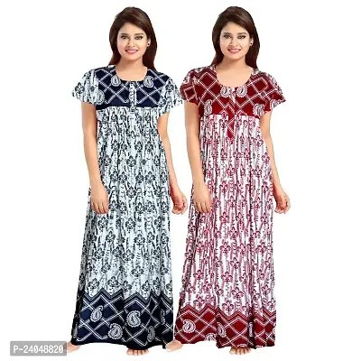 PMK FASHION 100% Cotton Nighty for Women || Long Length Printed Nighty/Maxi/Night Gown/Night Dress/Nightwear Inner  Sleepwear for Women's (Combo Pack of 2)-thumb0