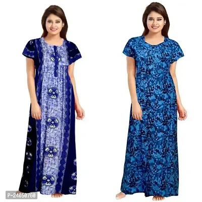 PMK FASHION 100% Cotton Nighty for Women || Long Length Printed Nighty/Maxi/Night Gown/Night Dress.,./Nightwear Inner  Sleepwear for Women's (Combo Pack of 2) Blue