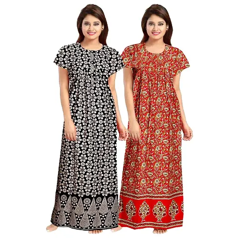 PMK FASHION 100% Cotton Nighty for Women || Long Length Printed Nighty/Maxi/Night Gown/Night Dress/Nightwear Inner & Sleepwear for Women's (Combo Pack of 2)