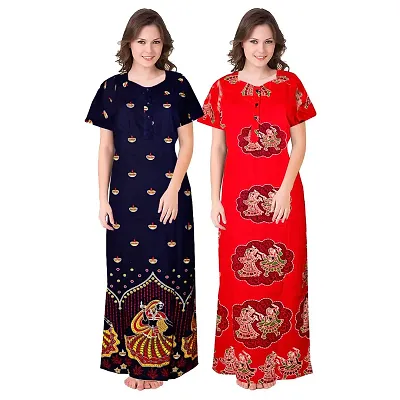 PMK FASHION 100% Cotton Nighty Long Length Printed Nighty/Maxi/Night Gown/Night Dress/Nightwear Inner  Sleepwear (Combo Pack of 2)