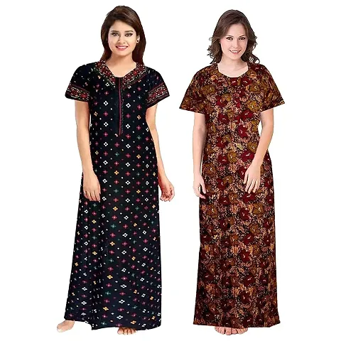 PMK FASHION 100% Cotton Nighty for Women || Long Length Printed Nighty/Maxi/Night Gown/Night Dress/Nightwear Inner & Sleepwear for Women's (Combo Pack of 2)