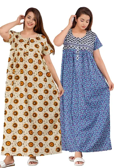 PMK FASHION 100% Cotton Kaftan for Women || Long Length Printed Nighty/Kaftan/Maxi/Night Gown/Night Dress/Nightwear Inner & Sleepwear for Women Combo Pack of 2