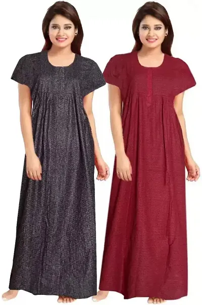 Lorina Women's Attractive Cotton Printed Full Length Maxi Sleepwear Maternity Wear Kaftan Maxi Nightdress (Pack of 2)
