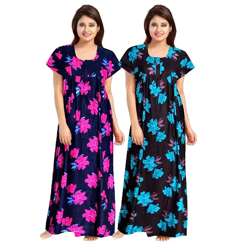 jwf Attractive Women's 100% Cotton Printed Nightwear Maternity Half Sleeves Maxi Gown Nightdresses (Combo Pack of 2)