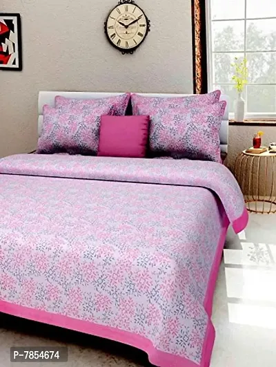 Jaipuri Style Double Bedsheet with 2 Pillow Cover-Pink