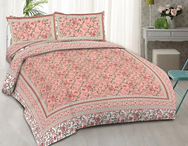 Jaitik Creations Presents Traditional Jaipuri Sanganeri Print Floral Printed King Size Double Bedsheet with 2 Pillow Covers JC_0345