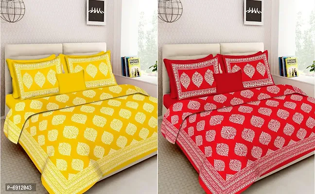 Meejoya Cotton Rajasthani Jaipuri Traditional Sanganeri Print 100% Cotton 2 Double Bedsheet with 4 Pillow Covers,Floral,JaipurFashion17-thumb0