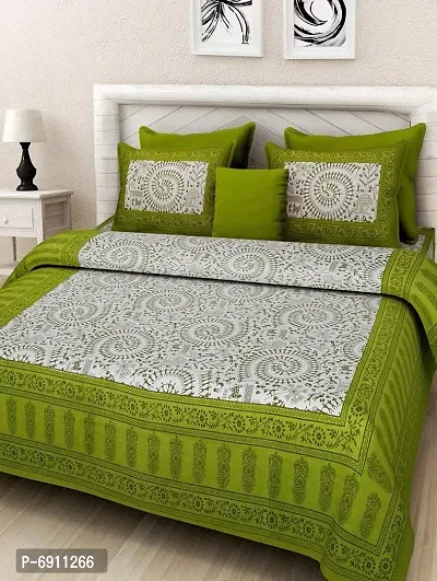 BedZone 100% Cotton Rajasthani Jaipuri Traditional Tribal Floral King Size Double Bed Bedsheet with 2 Pillow Covers - Green (Green)