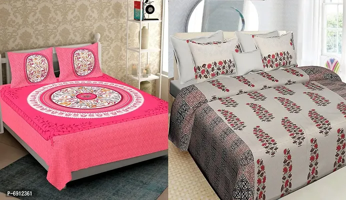 BedZone 100 % Cotton Rajasthani Jaipuri Traditional Sanganeri Print 144 TC Cotton Double Size Bedsheet with 2 Pillow Covers - MulitWhite09