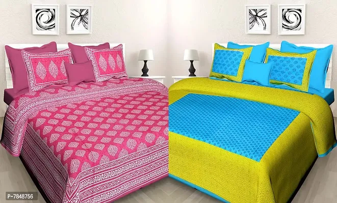 Meejoya 100% Cotton Rajasthani Jaipuri King Size Combo Bedsheets Set of 2 Double Bedsheets with 4 Pillow Covers _Made in India_141-thumb0