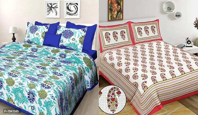 BedZone 100% Cotton Rajasthani Printed King Size bedsheets Combo Double Bed Set 2 Double Bedsheet with 4 Pillow Cover - MulticolourDeal95-thumb0