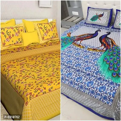 BedZone 100% Cotton Rajasthani Jaipuri King Size bedsheets Combo Double Bed Set 2 Double Bedsheet with 4 Pillow Cover - Yellow37-thumb0