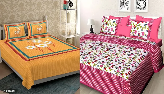 BedZone 100 % Cotton Rajasthani Jaipuri Traditional Sanganeri Print 144 TC Cotton Double Size Bedsheet with 2 Pillow Covers - MulitWhite37-thumb0