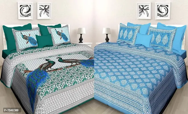 BedZone 100% Cotton Rajasthani Jaipuri King Size Combo Bedsheets Set of 2 Double Bedsheets with 4 Pillow Covers - Multi_529-thumb0