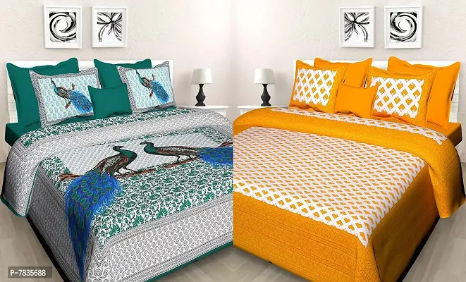 BedZone 100% Cotton Rajasthani Jaipuri King Size Combo Bedsheets Set of 2 Double Bedsheets with 4 Pillow Covers - Multi_514-thumb0