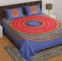 BedZone Cotton Rajasthani Jaipuri Traditional Floral King Size Double Bed Bedsheet with 2 Pillow Covers (Blue)-thumb1