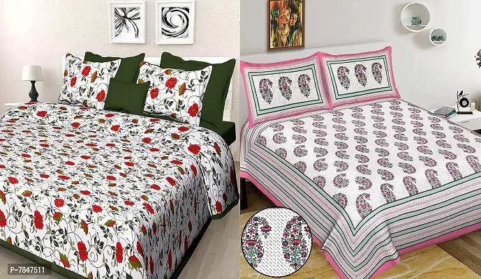 BedZone 100% Cotton Rajasthani Printed King Size bedsheets Combo Double Bed Set 2 Double Bedsheet with 4 Pillow Cover - MulticolourDeal73