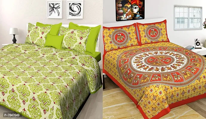BedZone 100% Cotton Rajasthani Printed King Size bedsheets Combo Double Bed Set 2 Double Bedsheet with 4 Pillow Cover - MulticolourDeal53