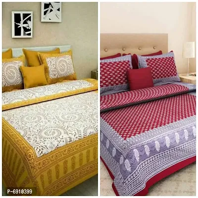 BedZone Cotton Floral Rajasthani Jaipuri Combo Bedsheet with 4 Pillow Cover (Multicolour, Queen) - Set of 2