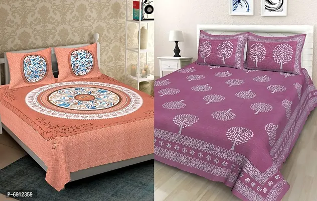 BedZone Cotton Rajasthani Printed 2 Double Bed Bedsheets with 4 Pillow Cover Combo Set -P JaipuriFloral45