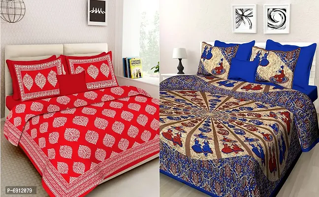 Meejoya Jaipuri Traditional Sanganeri Print Combo of 2 Cotton Double Size Bedsheet with 4 Pillow Covers - Multicolors46
