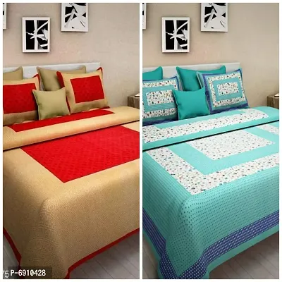 BedZone 100% Cotton Rajasthani Jaipuri bedsheets Combo Double Bed Set 2 Double Bedsheet with 4 Pillow Cover - Multicolor-thumb0
