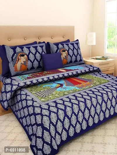 BedZone Cotton Rajasthani Jaipuri Traditional Double Bed Bedsheet with 2 Pillow Covers (Blue, King )