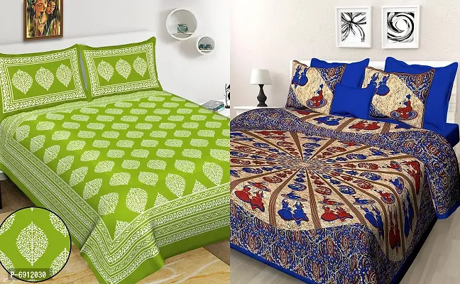 Meejoya Cotton Rajasthani Jaipuri Traditional Sanganeri Print 100% Cotton 2 Double Bedsheet with 4 Pillow Covers,Floral,JaipurFashion06-thumb0