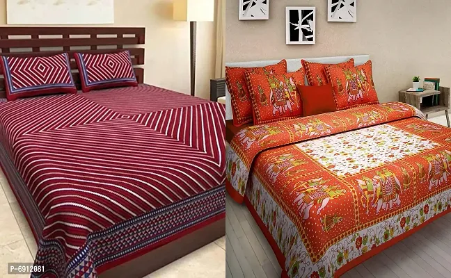 Meejoya 100% Cotton Rajasthani Jaipuri King Size bedsheets Combo Double Bed Set 2 Double Bedsheet with 4 Pillow Cover - Multicolor200