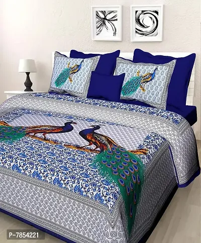 Meejoya 100% Cotton Rajasthani Jaipuri Traditional King Size Double Bed Bedsheet with 2 Pillow Covers - Blue ( Jaipuri Bedsheet06 )-thumb0