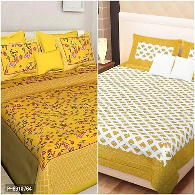 BedZone 100% Cotton Rajasthani Jaipuri King Size bedsheets Combo Double Bed Set 2 Double Bedsheet with 4 Pillow Cover - Yellow13