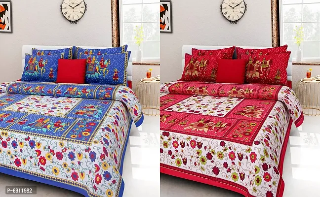 Meejoya 100% Cotton Rajasthani Jaipuri King Size bedsheets Combo Double Bed Set 2 Double Bedsheet with 4 Pillow Cover - Multicolor176-thumb0