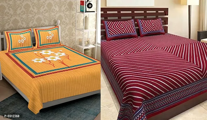 BedZone 100 % Cotton Rajasthani Jaipuri Traditional Sanganeri Print 144 TC Cotton Double Size Bedsheet with 2 Pillow Covers - MulitWhite51