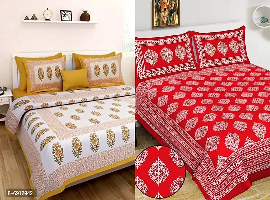 Meejoya 100% Cotton Rajasthani Jaipuri King Size bedsheets Combo Double Bed Set 2 Double Bedsheet with 4 Pillow Cover - Multicolor10