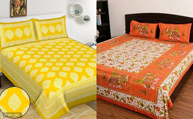 Meejoya Cotton Rajasthani Jaipuri Traditional Sanganeri Print 100% Cotton 2 Double Bedsheet with 4 Pillow Covers,Floral,JaipurFashion56-thumb0