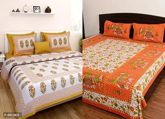 Meejoya 100% Cotton Rajasthani Jaipuri King Size bedsheets Combo Double Bed Set 2 Double Bedsheet with 4 Pillow Cover - Multicolor28-thumb0