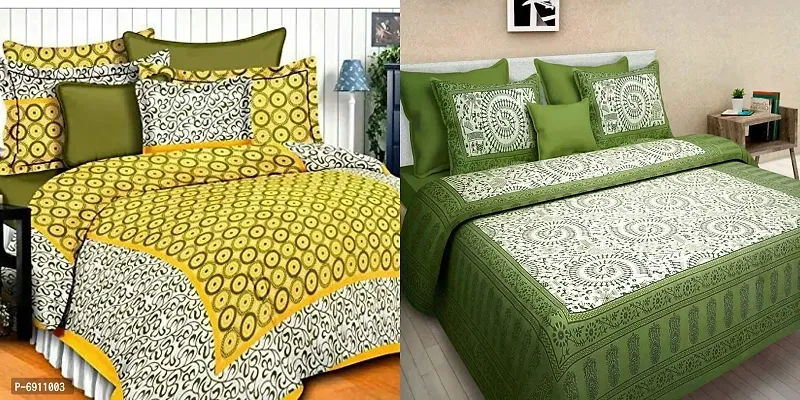 BedZone 100% Cotton Rajasthani Jaipuri King Size bedsheets Combo Double Bed Set 2 Double Bedsheet with 4 Pillow Cover (Multi , Yellow )-thumb0