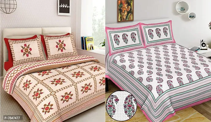 BedZone 100% Cotton Rajasthani Printed King Size bedsheets Combo Double Bed Set 2 Double Bedsheet with 4 Pillow Cover - MulticolourDeal67