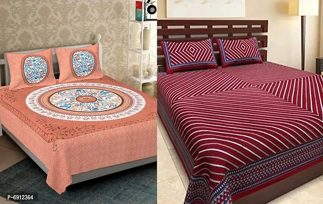 BedZone Cotton Rajasthani Printed 2 Double Bed Bedsheets with 4 Pillow Cover Combo Set -P JaipuriFloral47