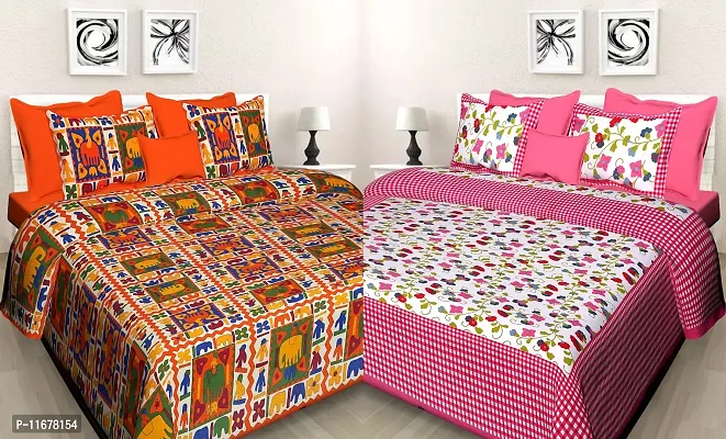Comfortable Cotton Printed Fitted And Flat Bedsheet Combo With Pillow Covers-thumb0