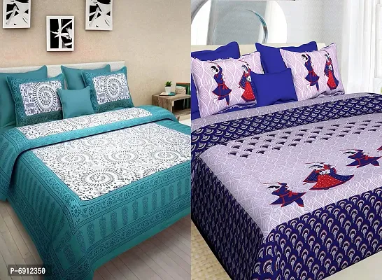 BedZone 100% Cotton Rajasthani Jaipuri King Size Combo Bedsheets Set of 2 Double Bedsheets with 4 Pillow Covers - MultiHappyChristmas14